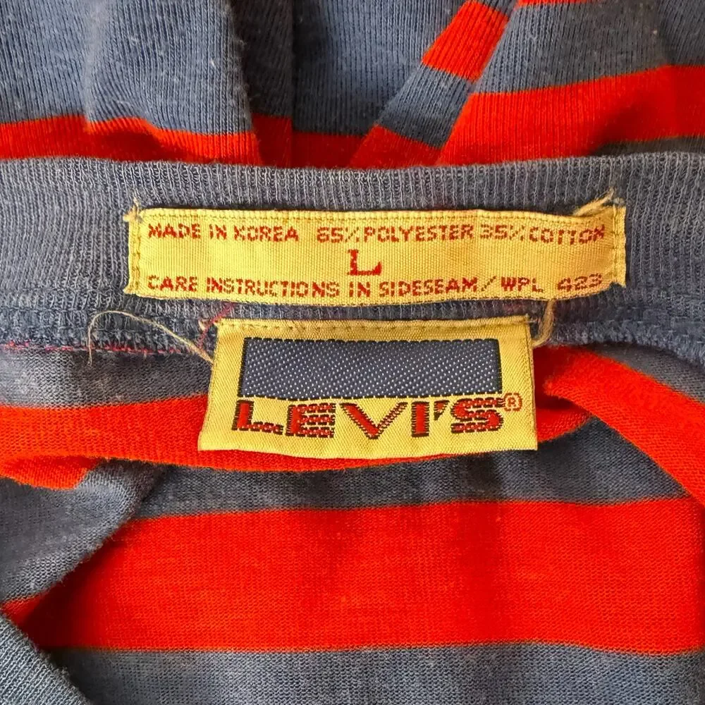 VTG 80s Levi’s Red Blue Striped Henley Shirt L Made in Korea Sleeve Logo Preppy